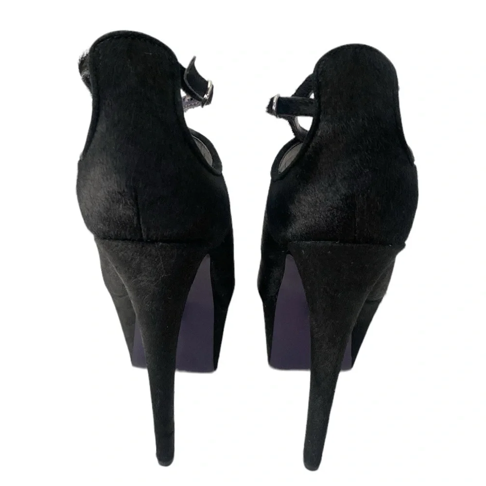 London Trash Candy Black Leather Fur Stiletto Platform Heels